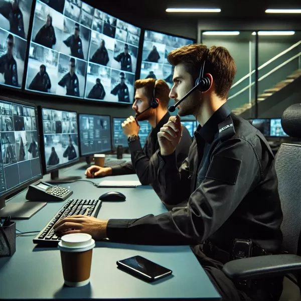 Illustration of security staff watching CCTV screens in a control room